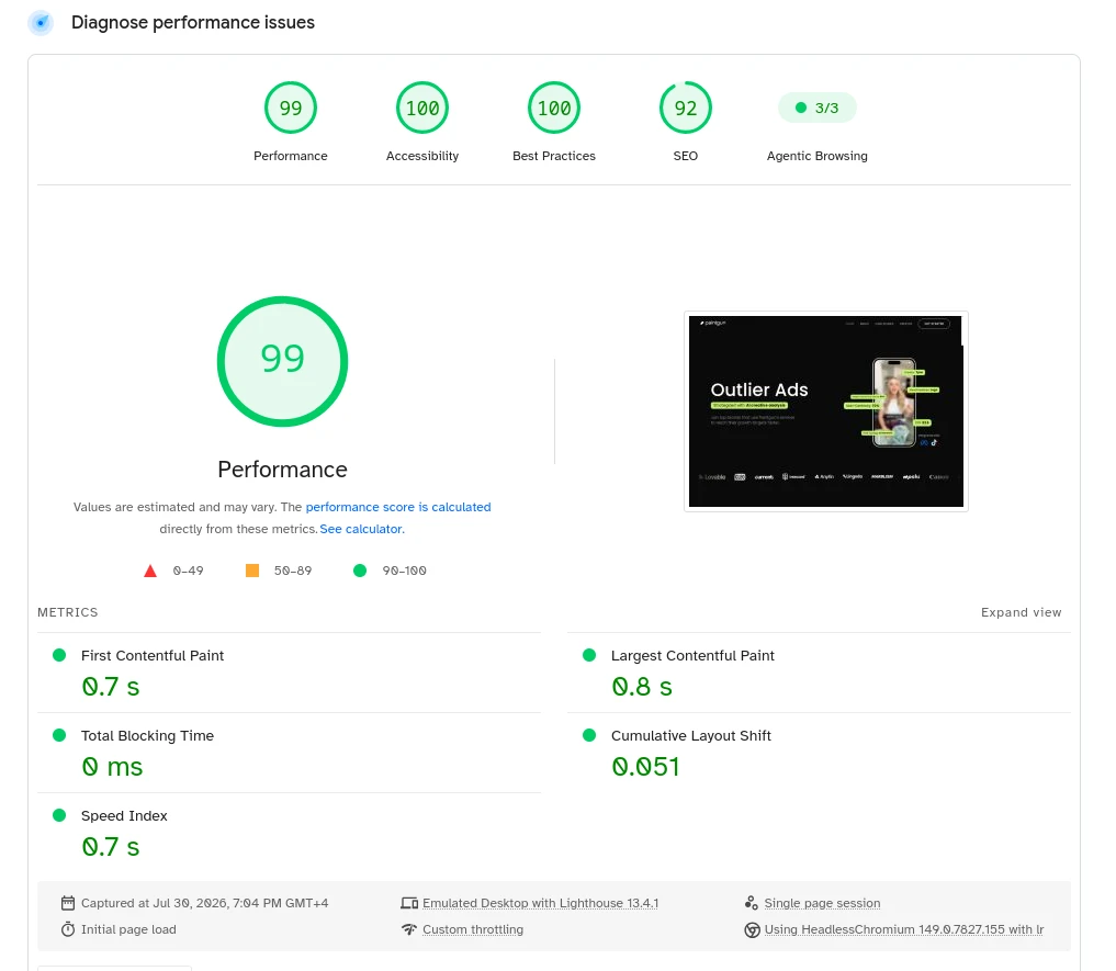 Lighthouse report for paintgun.io showing green scores and Core Web Vitals