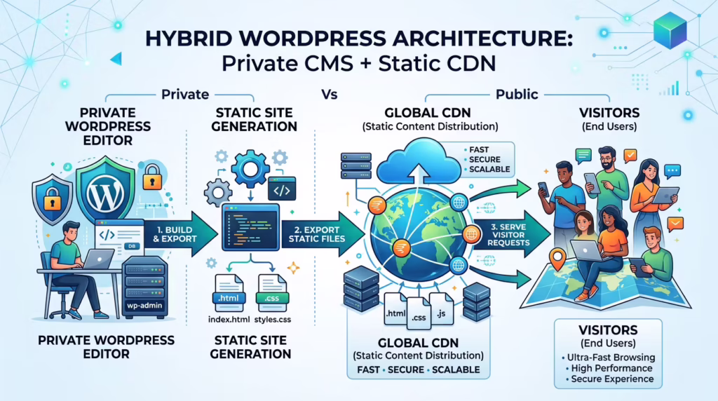 Diagram of a hybrid WordPress setup: a private WordPress editor exports static files to a CDN that serves visitors