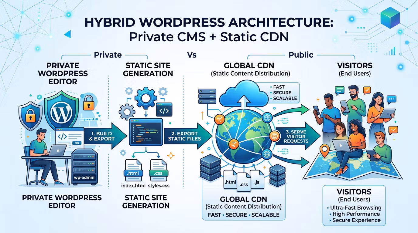 Diagram of a hybrid WordPress setup: a private WordPress editor exports static files to a CDN that serves visitors
