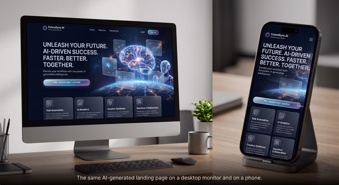 The same AI-generated landing page on a desktop monitor and on a phone