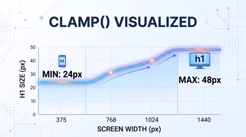 Chart of a clamp() font size staying at 24px on phones, growing smoothly and stopping at 48px on desktops
