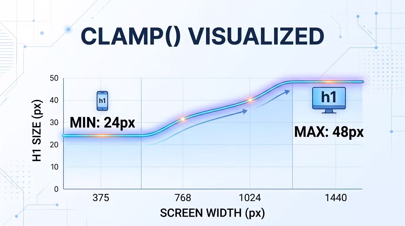 Chart of a clamp() font size staying at 24px on phones, growing smoothly and stopping at 48px on desktops